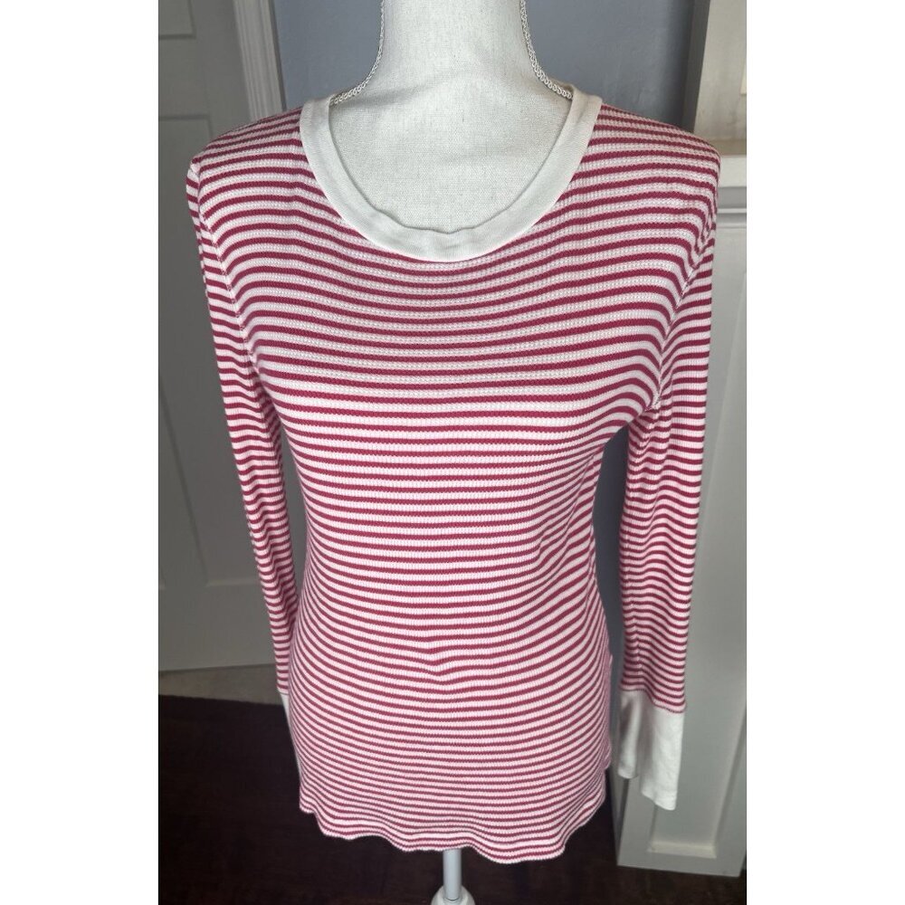 Sundance Pink White Striped Thermal Waffle Knit Long Sleeve Top Sz S Preppy